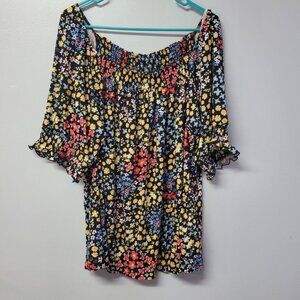 Lularoe Lily‎ Top Shirt Stretch Smocked Sleeves Neckline Womens Plus 3XL Flowers